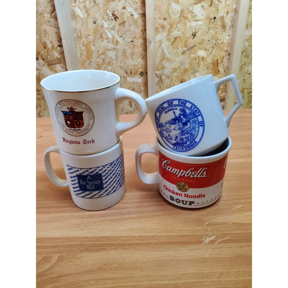 Lot Of 4 Coffee Cups 1998 Campells, Virginia Tech, Hot Springs Mall & California